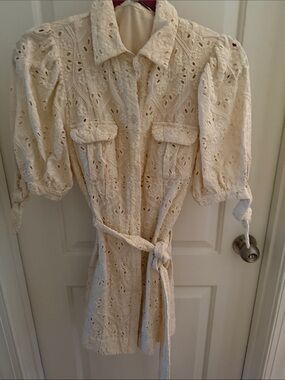 Eyelet Shirt Dress with Tie Waist in Cream